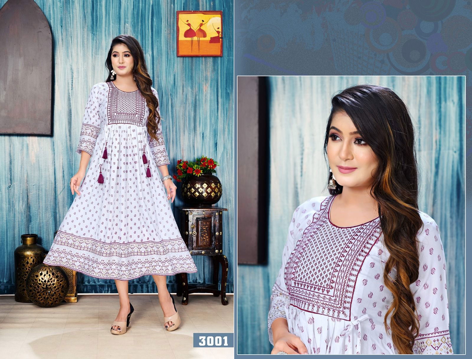 Golden White Floral Printed  Anarakli Kurtis Catalog
